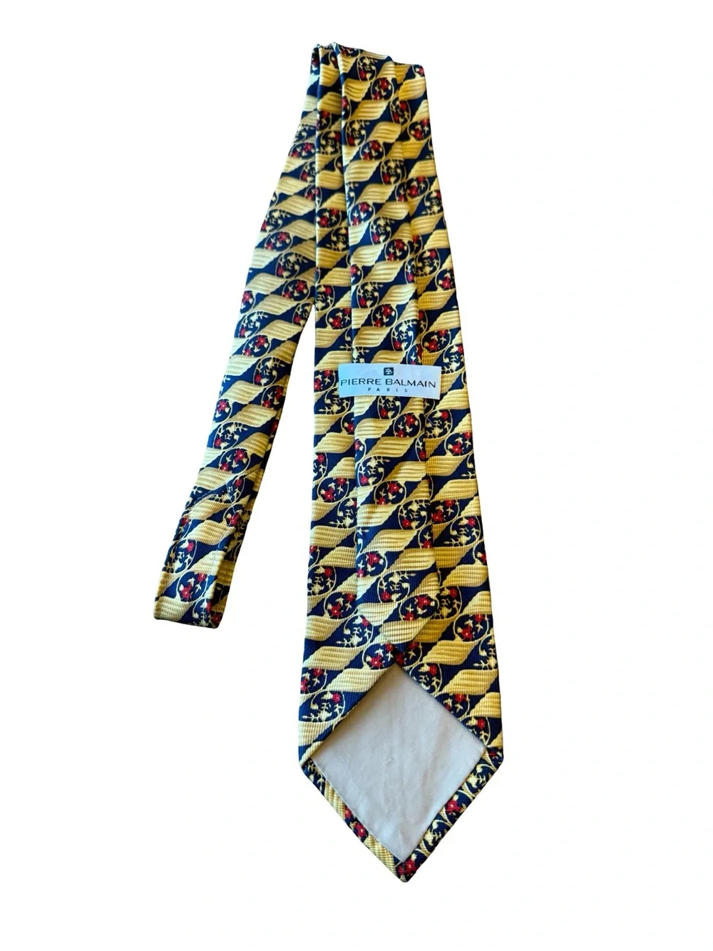 Pierre Balmain Paris 100% Silk Floral Geometric Necktie Gold Navy Red 3.5”